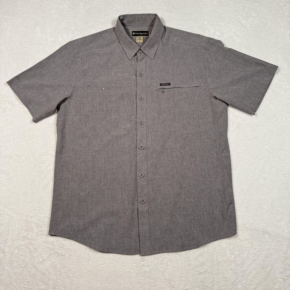 Weekender Shirt Mens Large Gray Short‎ Sleeve Button Up Outdoor Travel Pockets - Picture 2 of 9